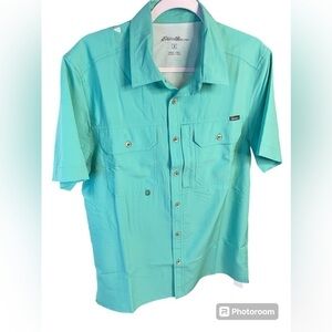 NWT Eddie Bauer Men's Woven Tech Shirt Starling Turquoise Size Small Button Up